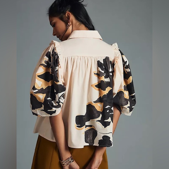 Anthropologie Forever That Girl Puff-Sleeve Buttondown blouse Cotton Flax XS - Picture 2 of 7
